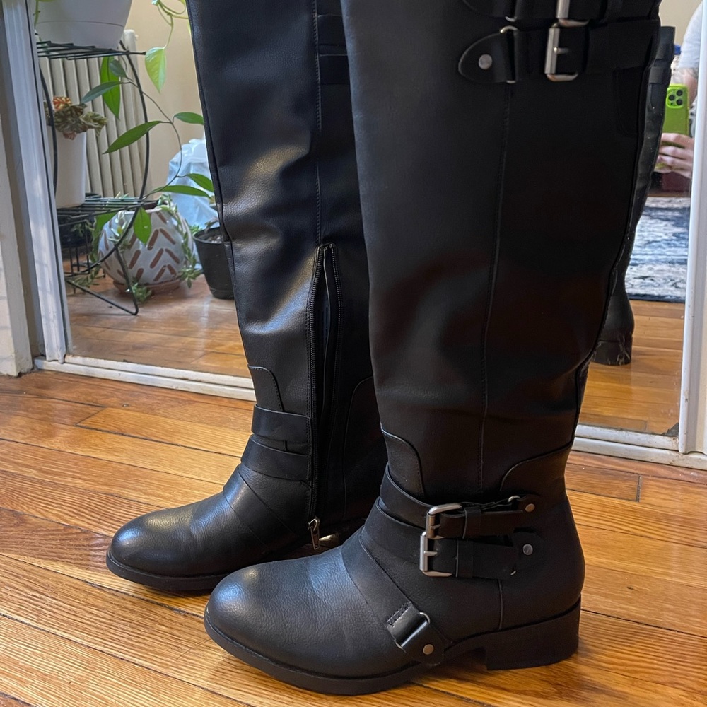 Over the knee vegan leather buckle boots